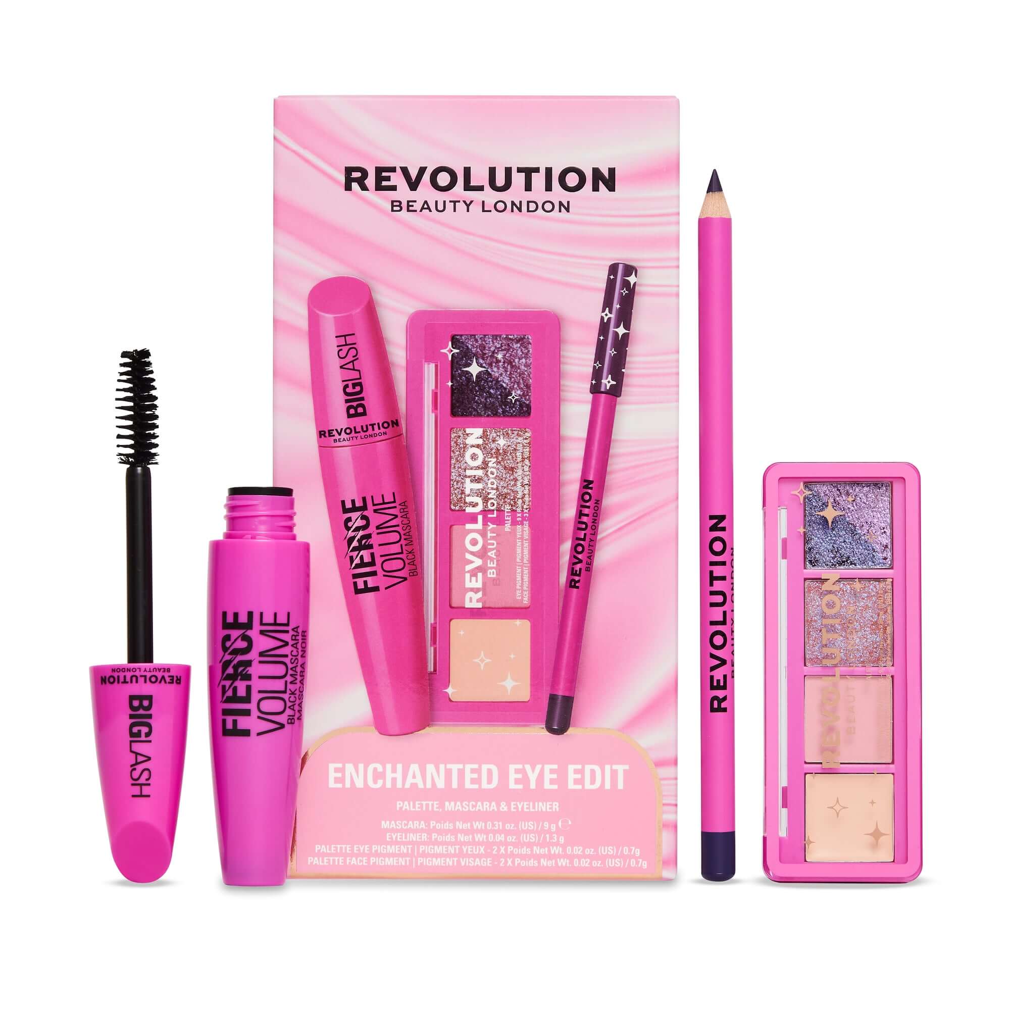 Revolution The Enchanted Eye Edit Makeup Gift Set featuring eye palette, mascara, and eyeliner in pink packaging.