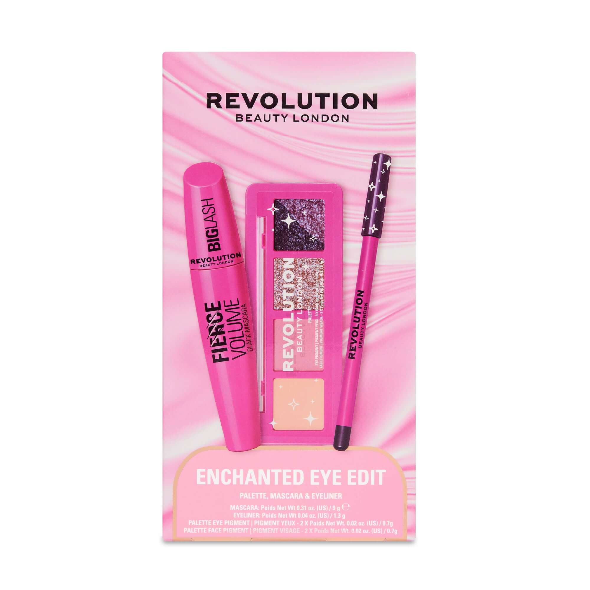 Revolution The Enchanted Eye Edit Makeup Gift Set featuring mascara, eyeshadow palette, and eyeliner in a pink packaging.