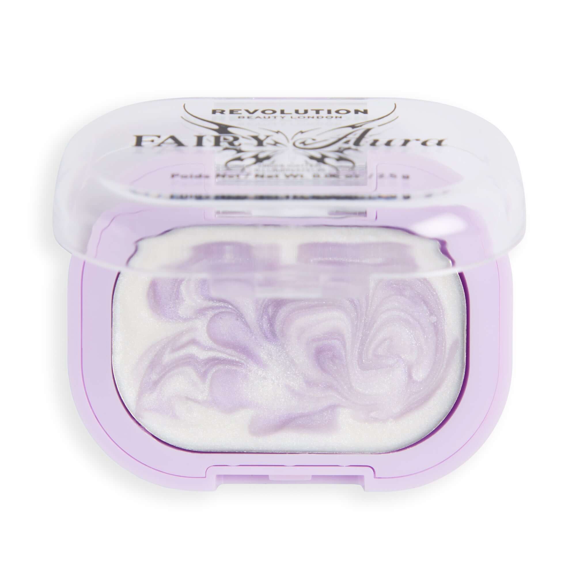 Revolution Fairy Aura Highlighter in a compact with swirled lavender and white shades for luminous glow.