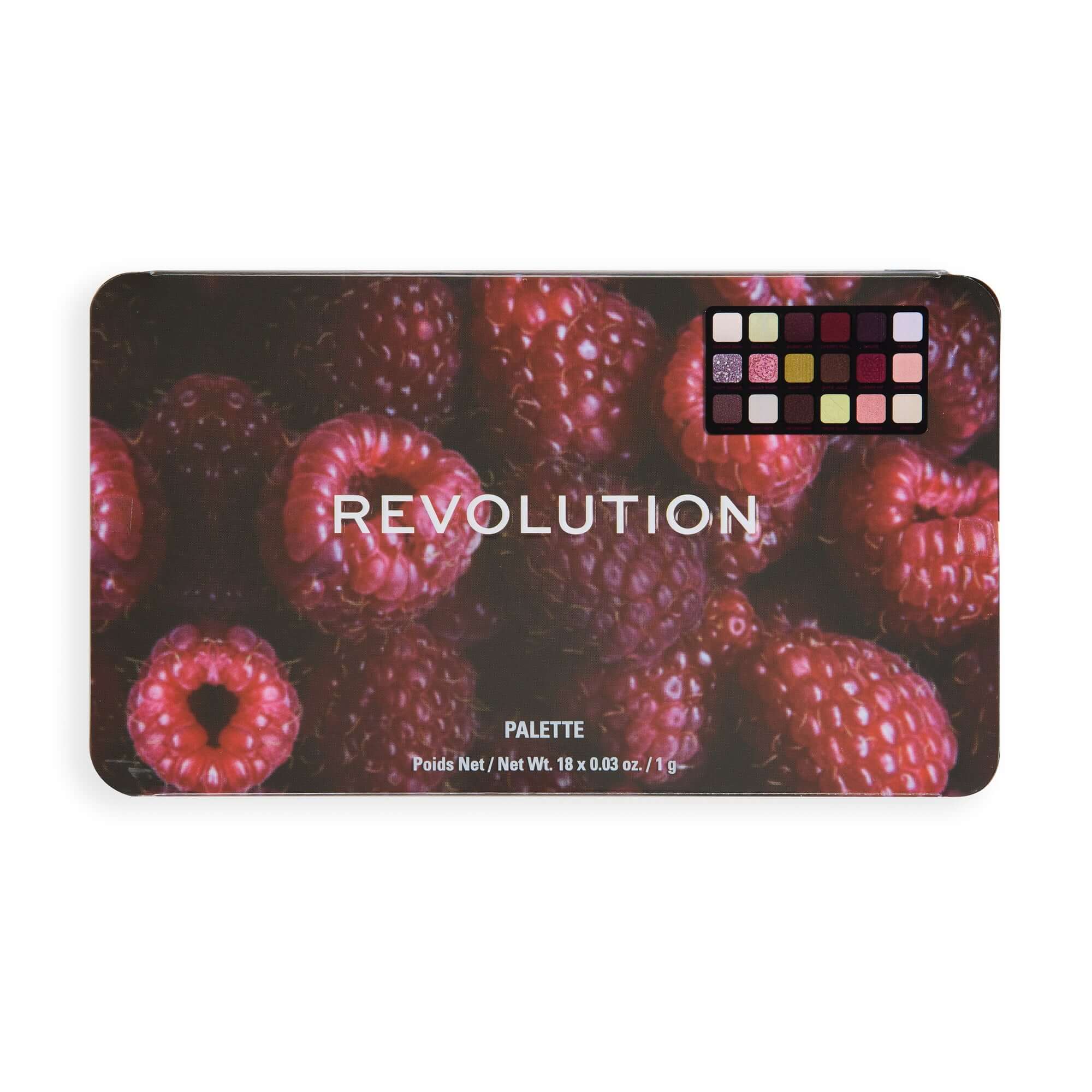 Revolution Forever Flawless Berry Underground Eyeshadow Palette on a raspberry background, showcasing vibrant cool tones.