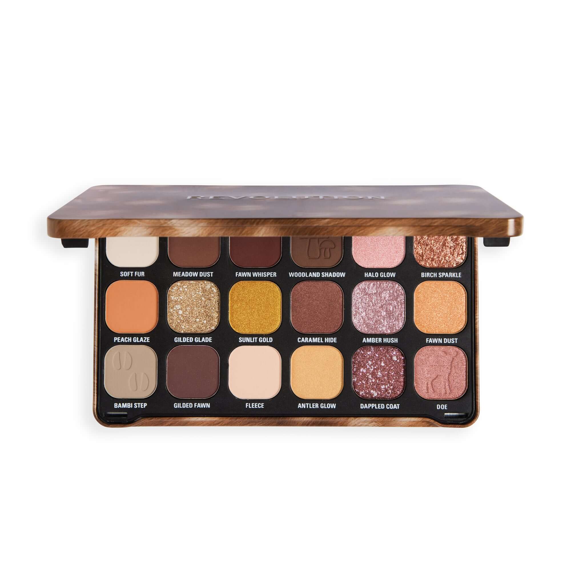 Revolution Forever Flawless Doe Eyes Eyeshadow Palette featuring warm neutral shades and shimmering finishes.