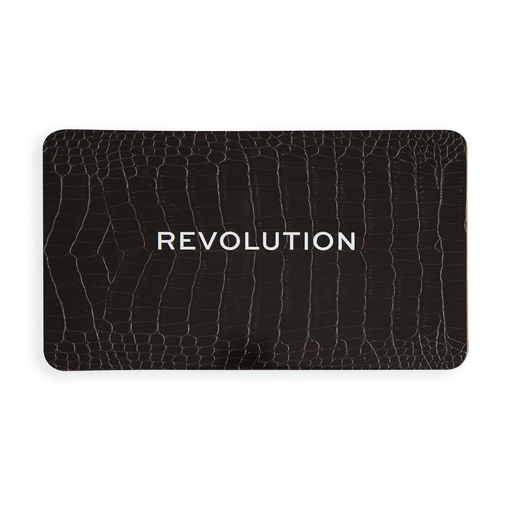 Revolution Forever Flawless Lace & Luster Eyeshadow Palette sleek black packaging with crocodile texture and white logo.