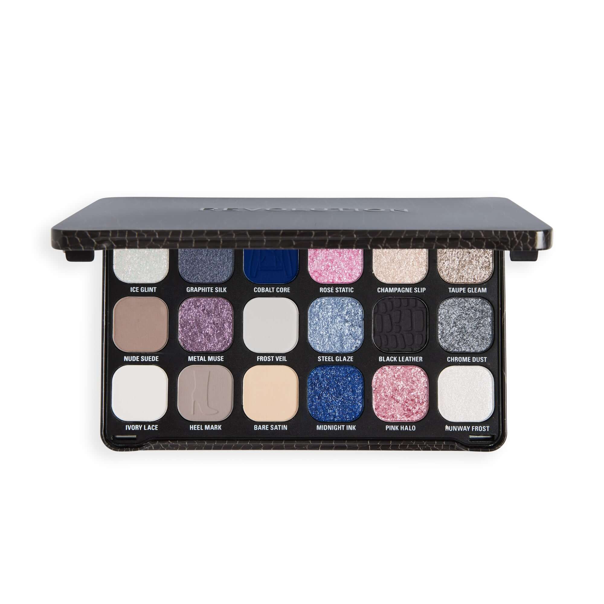 Revolution Forever Flawless Lace & Luster Eyeshadow Palette with vibrant colors and shimmering textures
