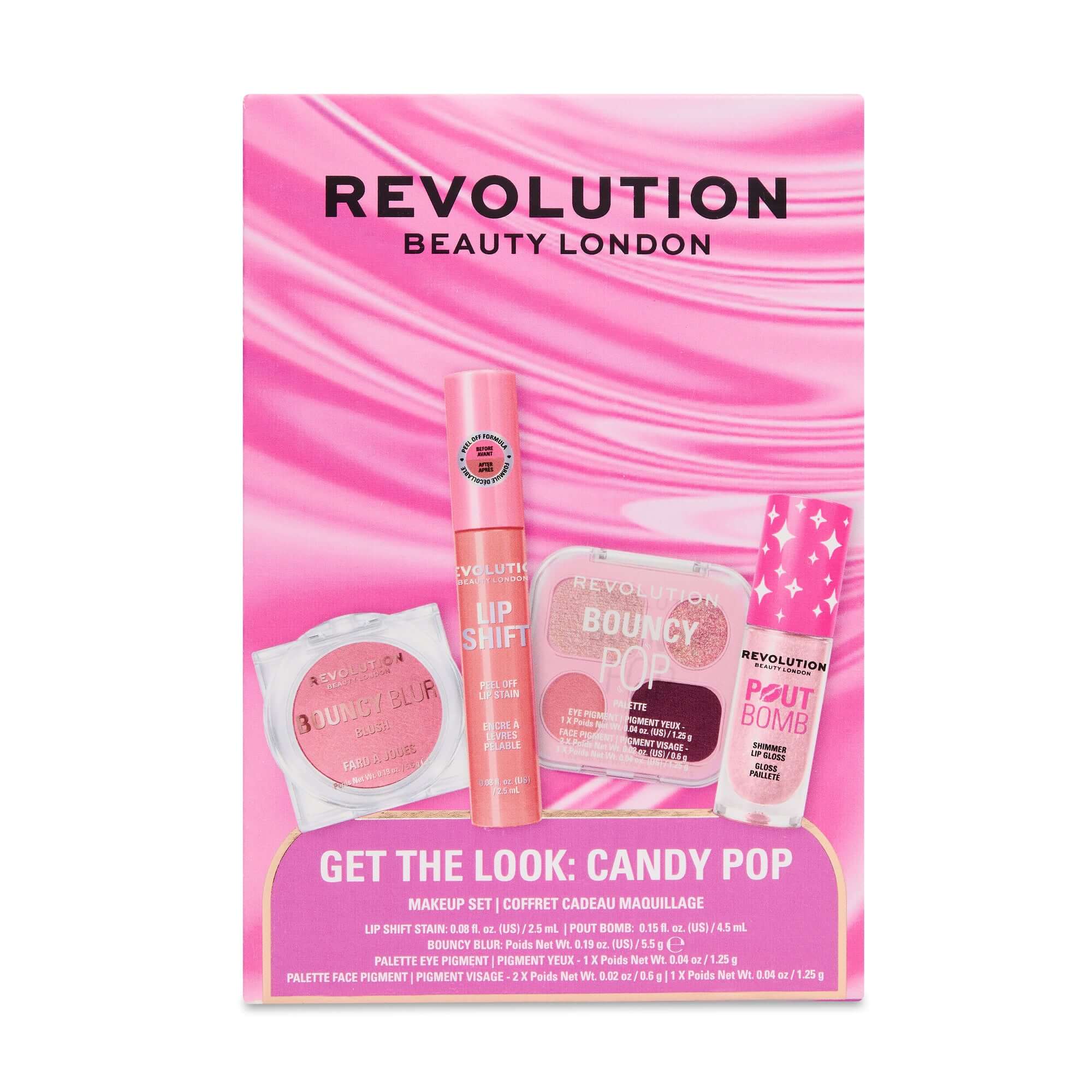 Revolution Get The Look Candy Pop Makeup Gift Set featuring lip stain, blush, and gloss on pink background.