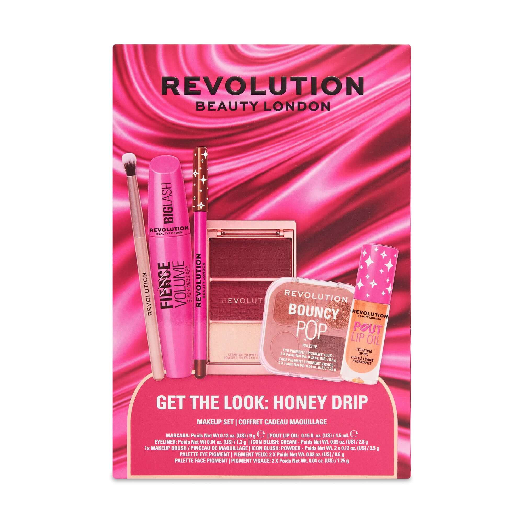Revolution Get The Look Honey Drip Makeup Gift Set showcasing beauty essentials including eyeshadow, lip oil, and blush.