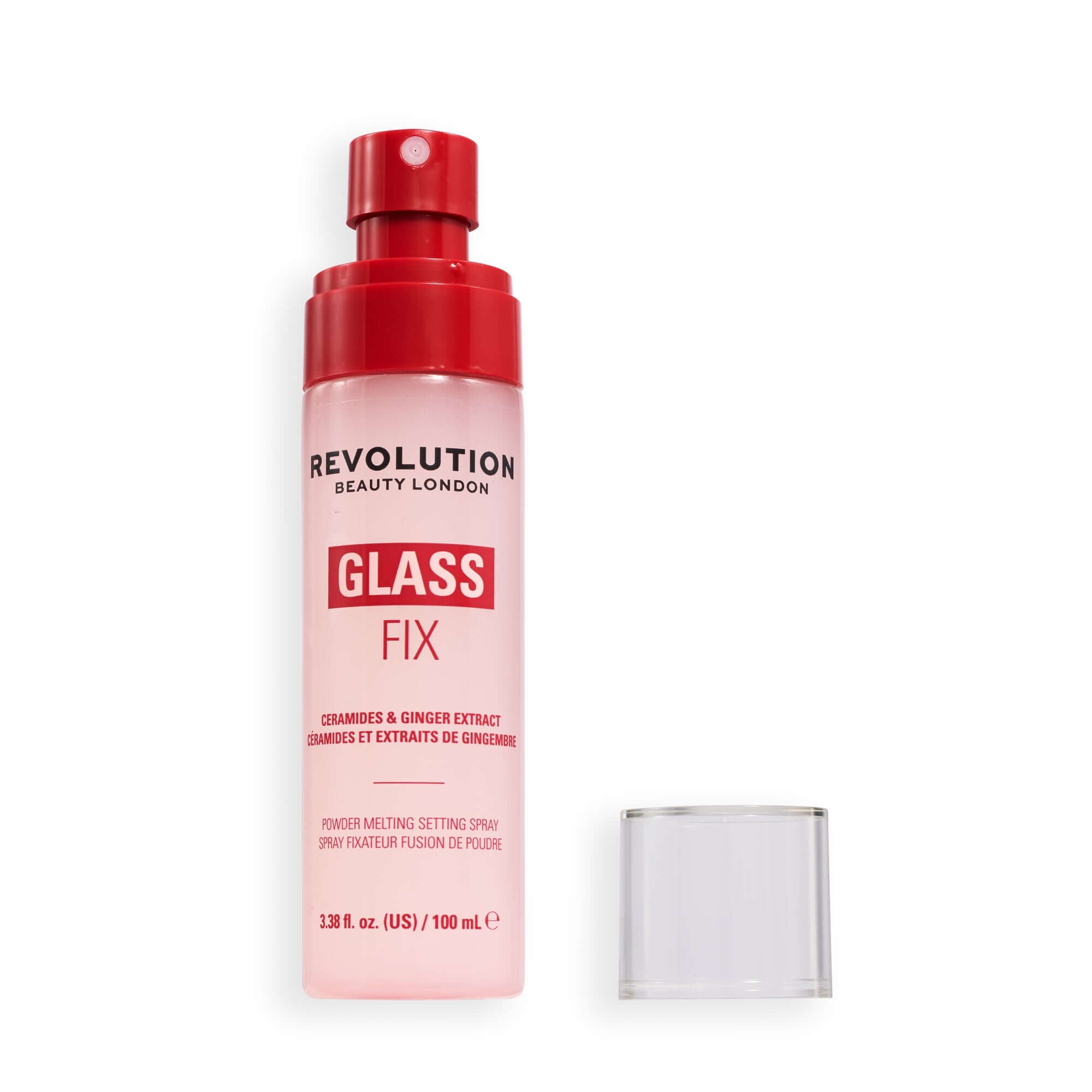 Revolution Glass Fix Powder Melting Setting Spray bottle with cap, infused with ceramides for hydrated skin.