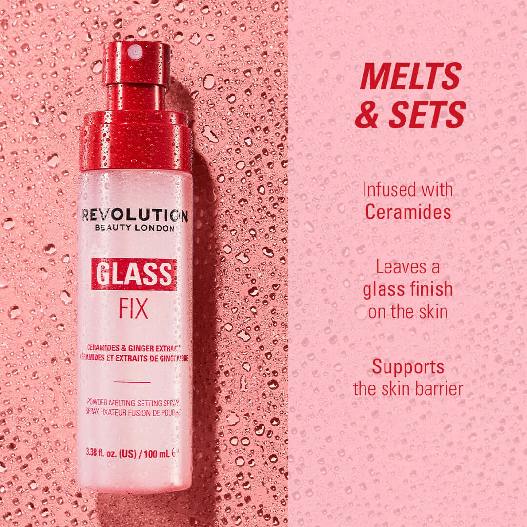 Revolution Glass Fix Powder Melting Setting Spray bottle with a dewy finish and droplets on it, highlighting glass skin effect.