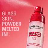 Revolution Glass Fix Powder Melting Setting Spray with a dewy mist on a pink background for radiant skin.