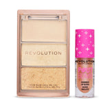 Revolution Golden Glam Lip Gloss & Highlight Duo featuring Pout Bomb Shimmer Gloss and radiant highlight palette.