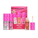 Revolution Juicy Pop Lip Oil Trio Gift Set featuring three lip oils in a festive box, perfect for holiday lip care.