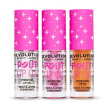 Revolution Juicy Pop Lip Oil Trio Gift Set showcasing three hydrating lip oils with pink caps.