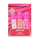 Revolution Juicy Pop Lip Oil Trio Gift Set featuring three hydrating lip oils with marshmallow scent.