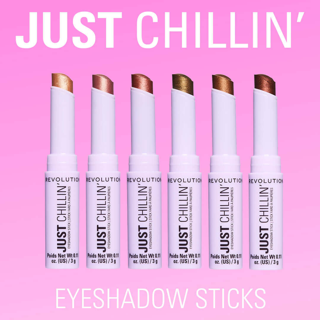 Revolution Just Chillin' Cooling Shadow Stick - A collection of vibrant eyeshadow sticks in various shades.