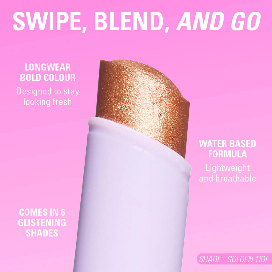 Revolution Just Chillin' Cooling Shadow Stick in Golden Tide, featuring longwear bold colour, water-based formula.