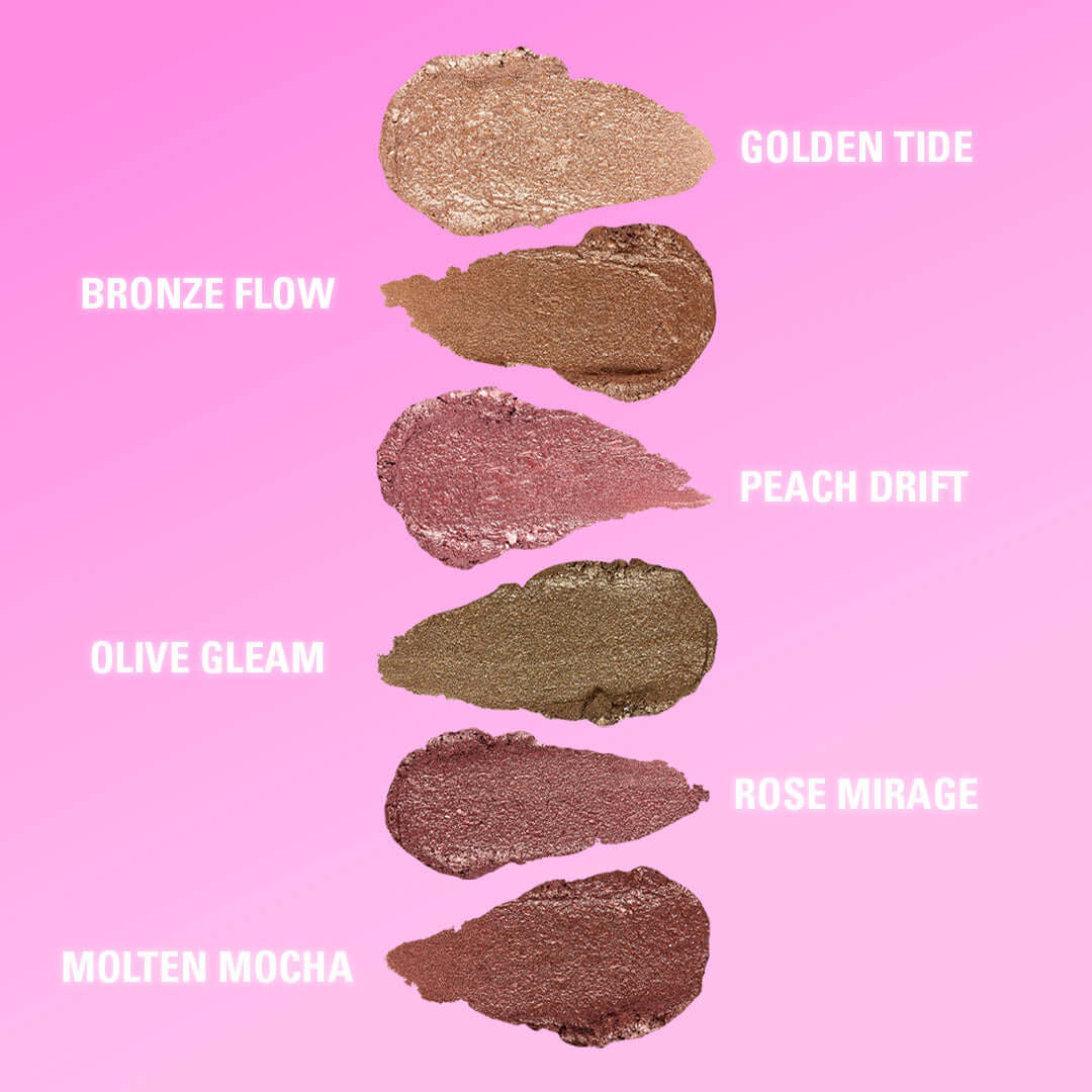 Revolution Just Chillin' Cooling Shadow Stick shades: Golden Tide, Bronze Flow, Peach Drift, Olive Gleam, Rose Mirage, Molten Mocha.