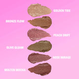 Revolution Just Chillin' Cooling Shadow Stick shades: Golden Tide, Bronze Flow, Peach Drift, Olive Gleam, Rose Mirage, Molten Mocha.