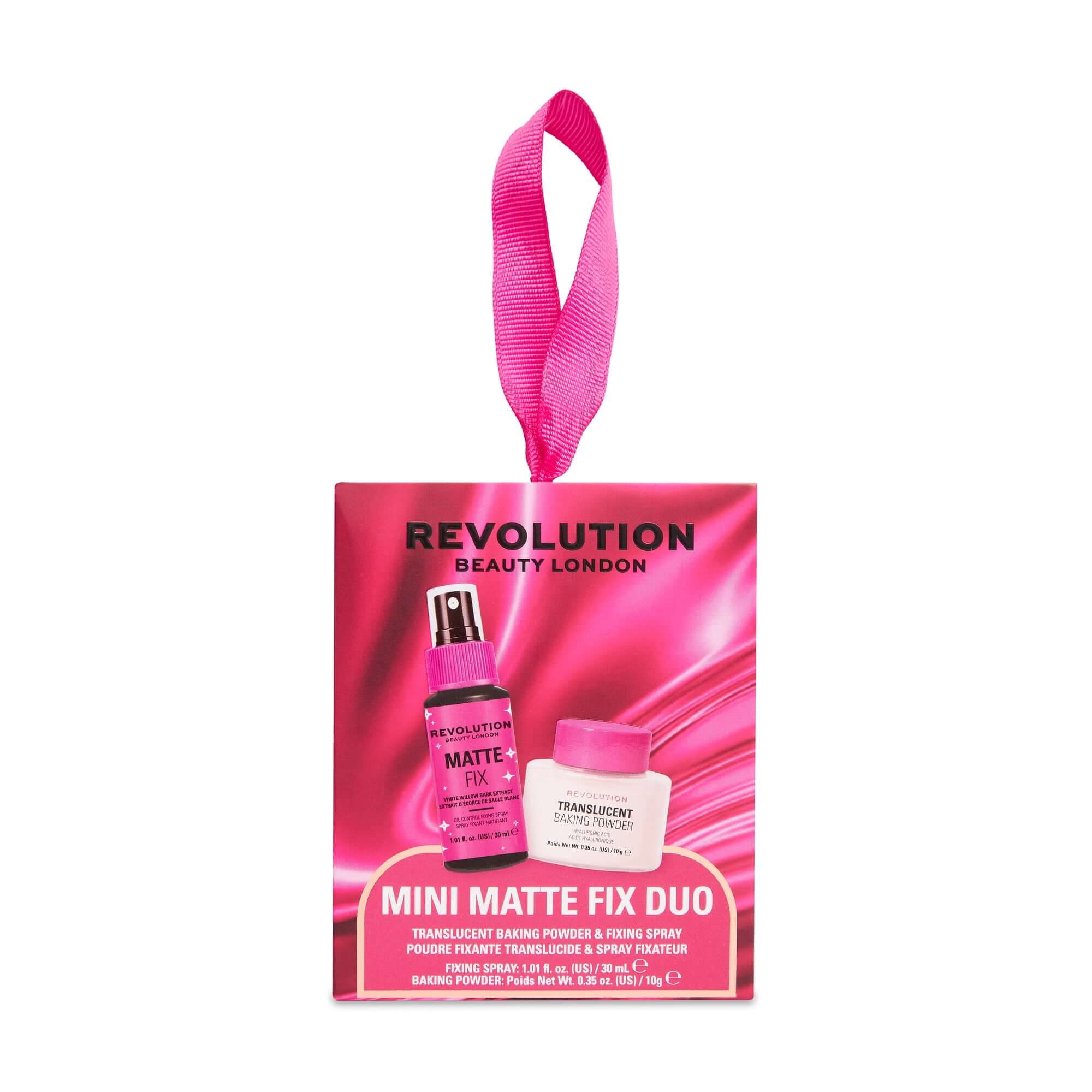 Revolution Mini Matte Fix Baking Powder & Fixing Spray Duo packaging showcasing translucent powder and fixing spray.