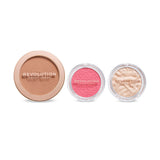 Revolution Party Glow Face Powder Trio Gift Set featuring bronzer, blush, and highlighter for radiant skin.