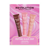 Revolution Peptide Glaze Edit Lip Balm Gift Set with three tinted lip serums in a vibrant packaging.
