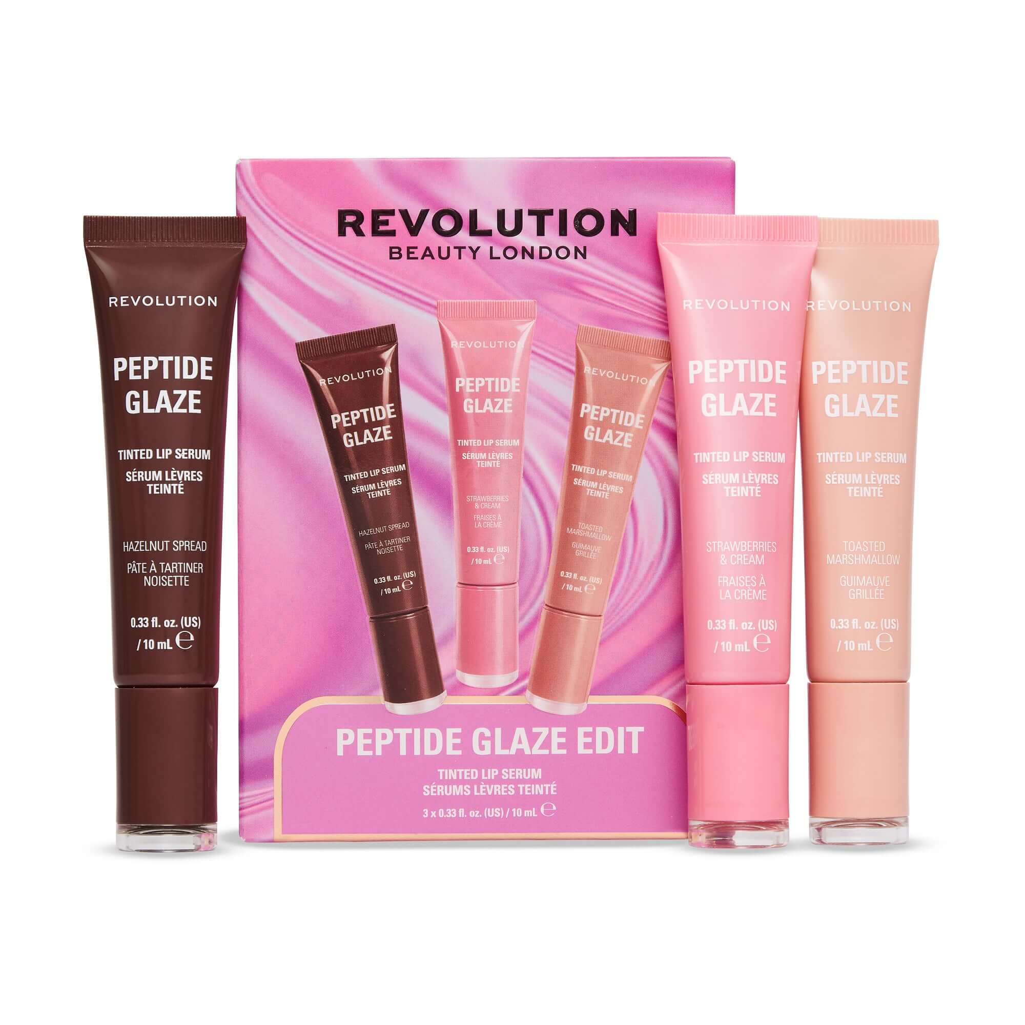 Revolution Peptide Glaze Edit Lip Balm Gift Set featuring tinted lip serums in Hazelnut Spread, Strawberries & Cream, and Toasted Marshmallow.