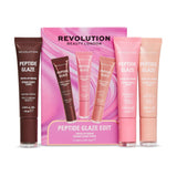 Revolution Peptide Glaze Edit Lip Balm Gift Set featuring tinted lip serums in Hazelnut Spread, Strawberries & Cream, and Toasted Marshmallow.