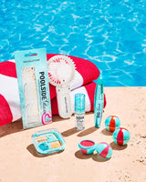 Revolution Poolside Hand Held Electric Fan White with poolside essentials including snacks and beauty products.