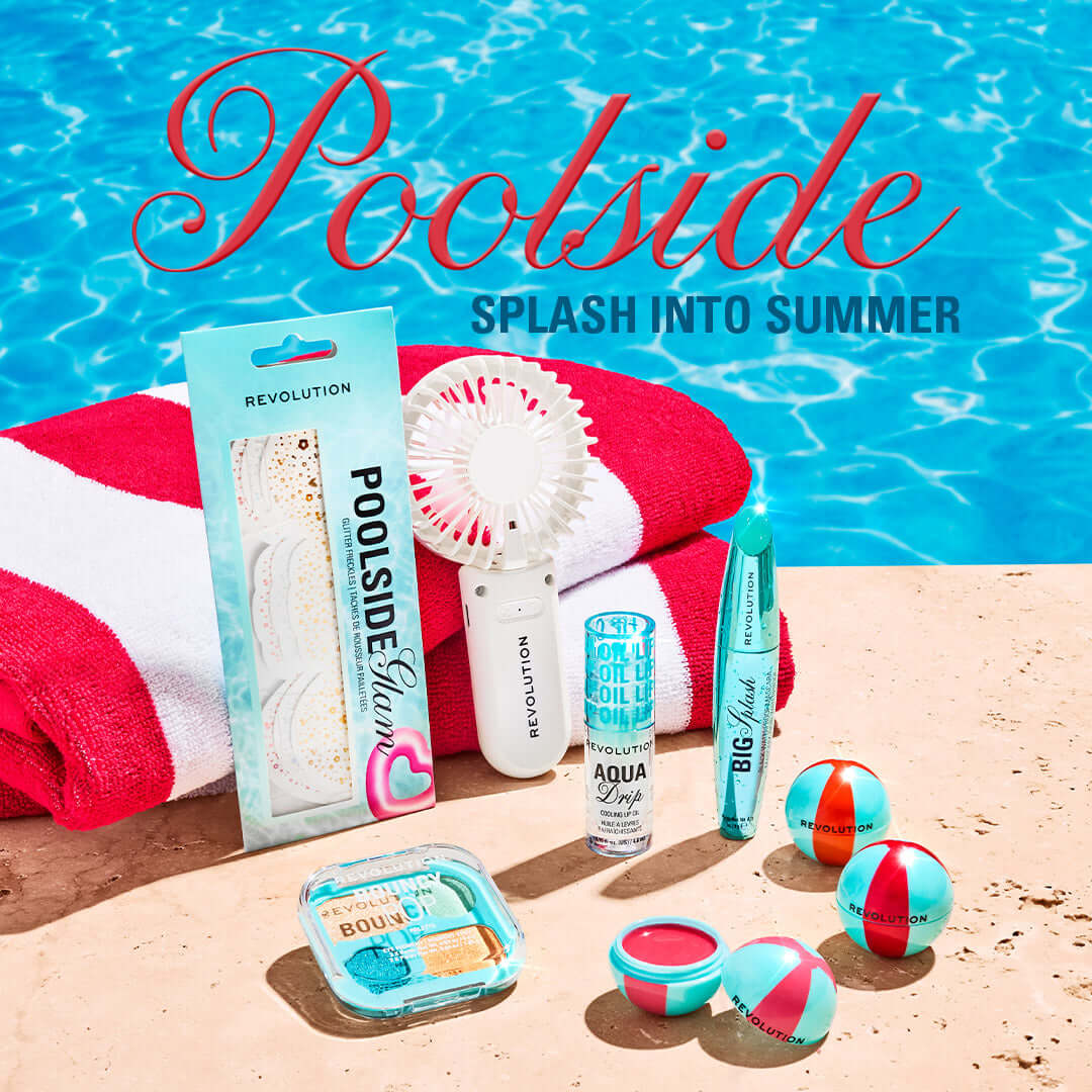 Revolution Poolside Hand Held Electric Fan White among summer beauty products by the pool.