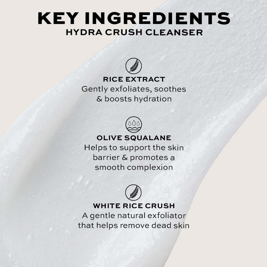 Key ingredients in Revolution Pro Miracle Hydra Crush Rice + Squalene Cream Cleanser: rice extract, olive squalane, white rice crush.