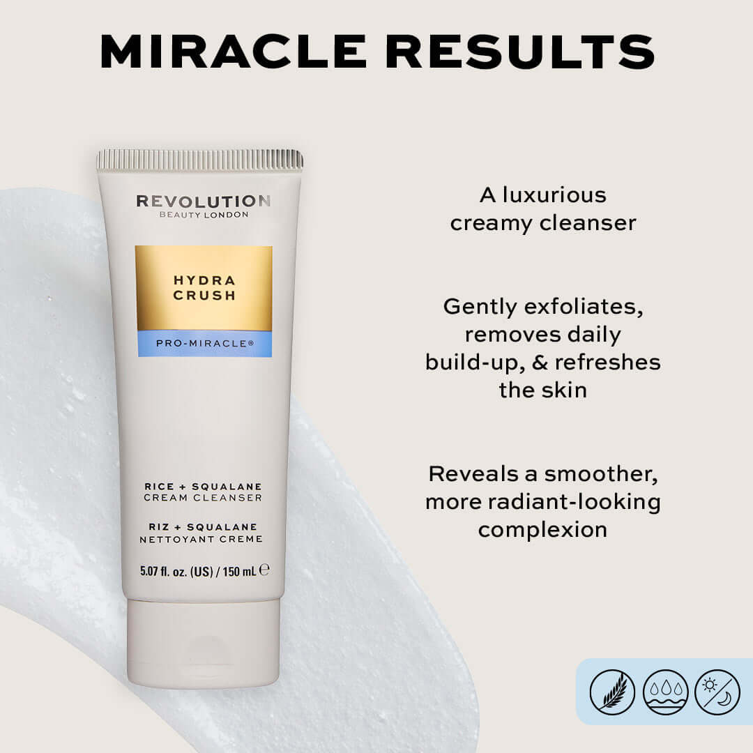 Revolution Pro Miracle Hydra Crush Rice + Squalene Cream Cleanser tube on a creamy background, highlighting its luxurious formula.