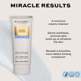 Revolution Pro Miracle Hydra Crush Rice + Squalene Cream Cleanser tube on a creamy background, highlighting its luxurious formula.