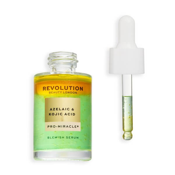 Revolution Pro Miracle Azelaic Acid, Kojic Acid & Tea Tree Blemish Serum in glass dropper bottle