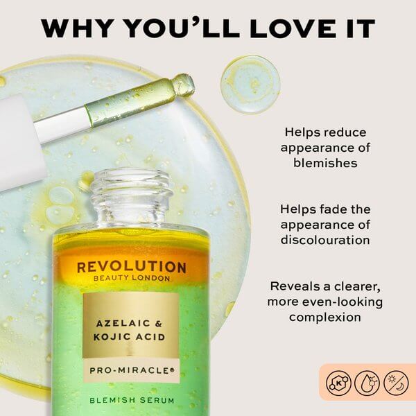 Revolution Pro Miracle Azelaic Acid, Kojic Acid & Tea Tree Blemish Serum in a dropper bottle with glowing serum.