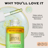 Revolution Pro Miracle Azelaic Acid, Kojic Acid & Tea Tree Blemish Serum in a dropper bottle with glowing serum.