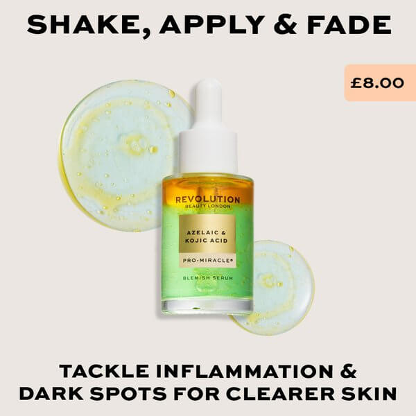 Revolution Pro Miracle Azelaic Acid, Kojic Acid & Tea Tree Blemish Serum in a dropper bottle