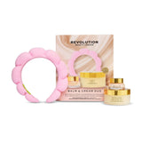 Revolution Pro Miracle Cleansing Balm & Miracle Cream Duo, featuring a pink headband and skincare products.