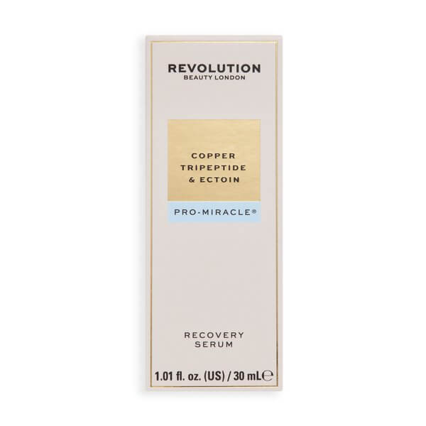 Revolution Pro Miracle Copper Tripeptide Ectoin Recovery Serum packaging showcasing copper tripeptide and ectoin benefits.