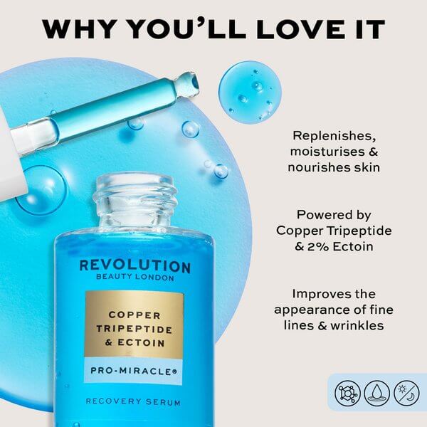 Revolution Pro Miracle Copper Tripeptide Ectoin Recovery Serum with dropper, glow-boosting skin care