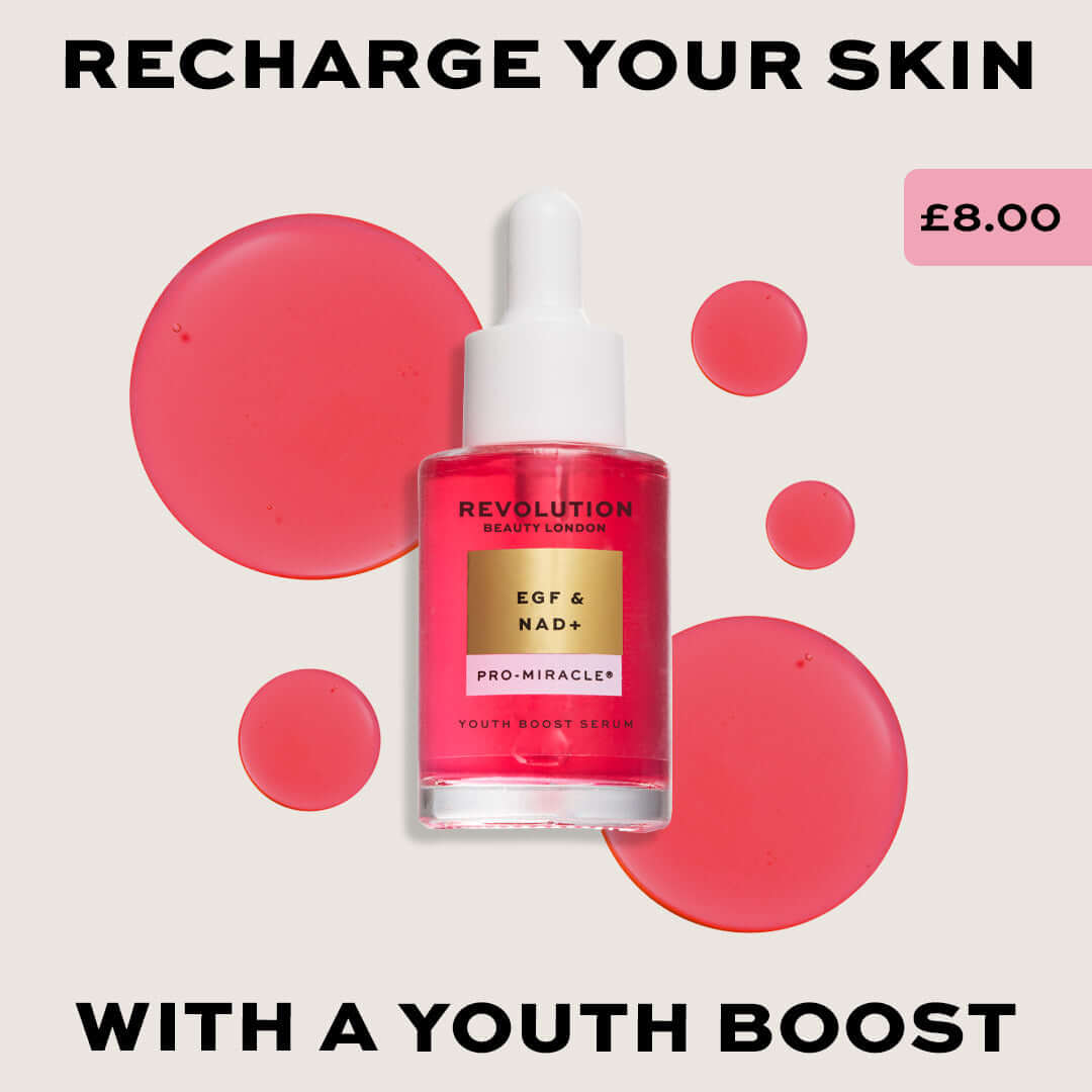 Revolution Pro Miracle EGF & NAD+ Youth Boost Serum in a bottle surrounded by pink droplets.
