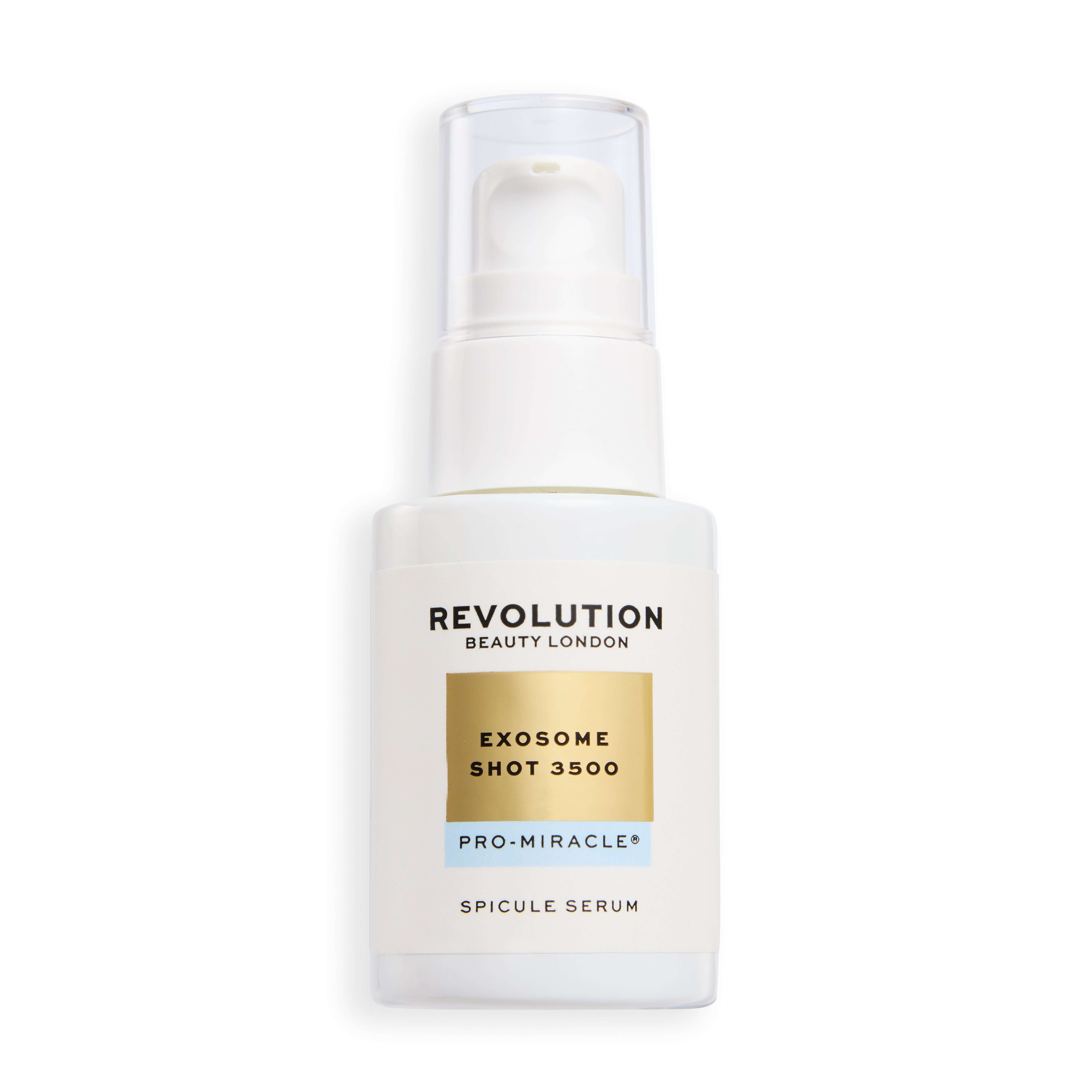 Revolution Pro Miracle Exosome Shot 3500 Spicule Serum in a white bottle with gold accents and a pump.