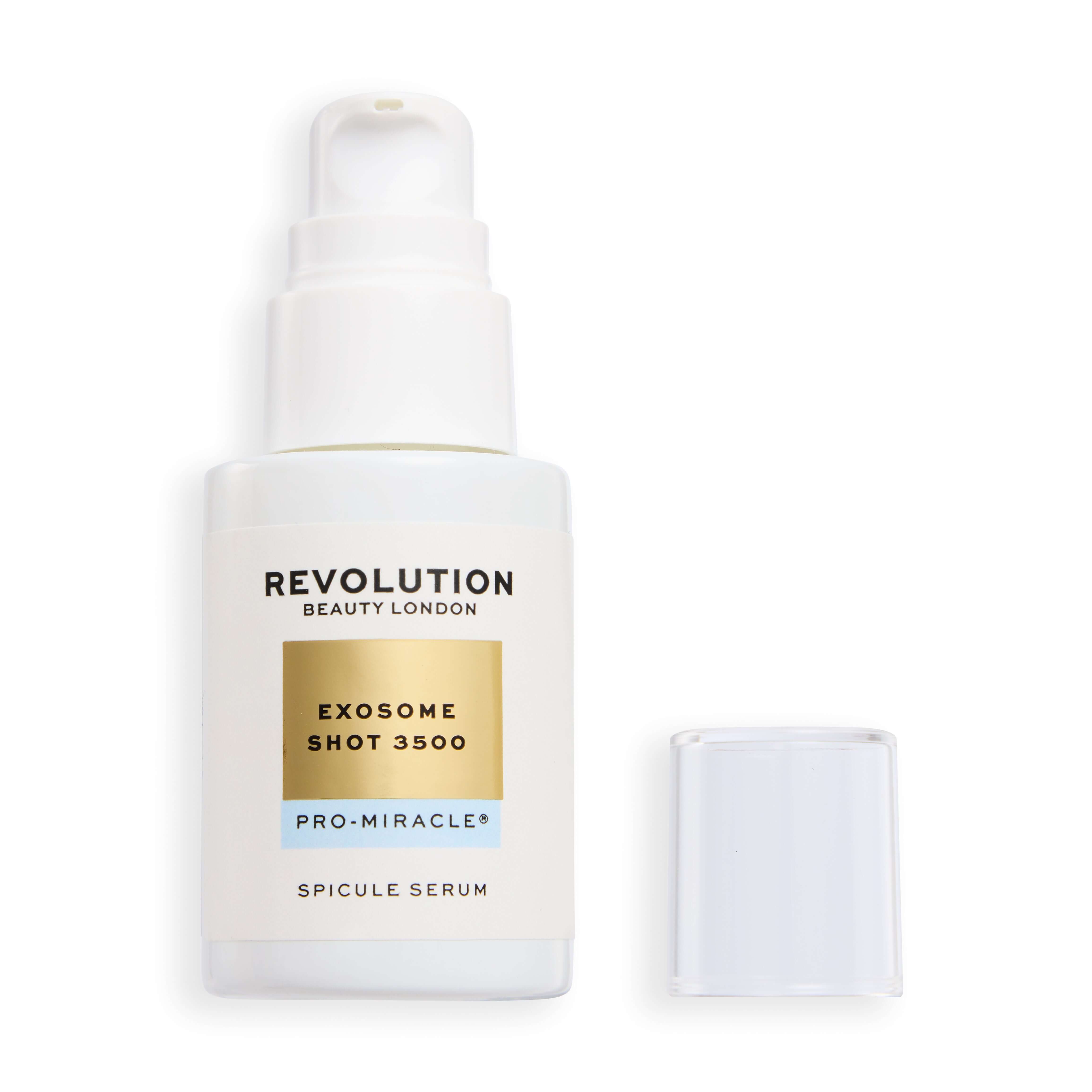 Revolution Pro Miracle Exosome Shot 3500 Spicule Serum bottle with cap, skincare product for skin renewal.