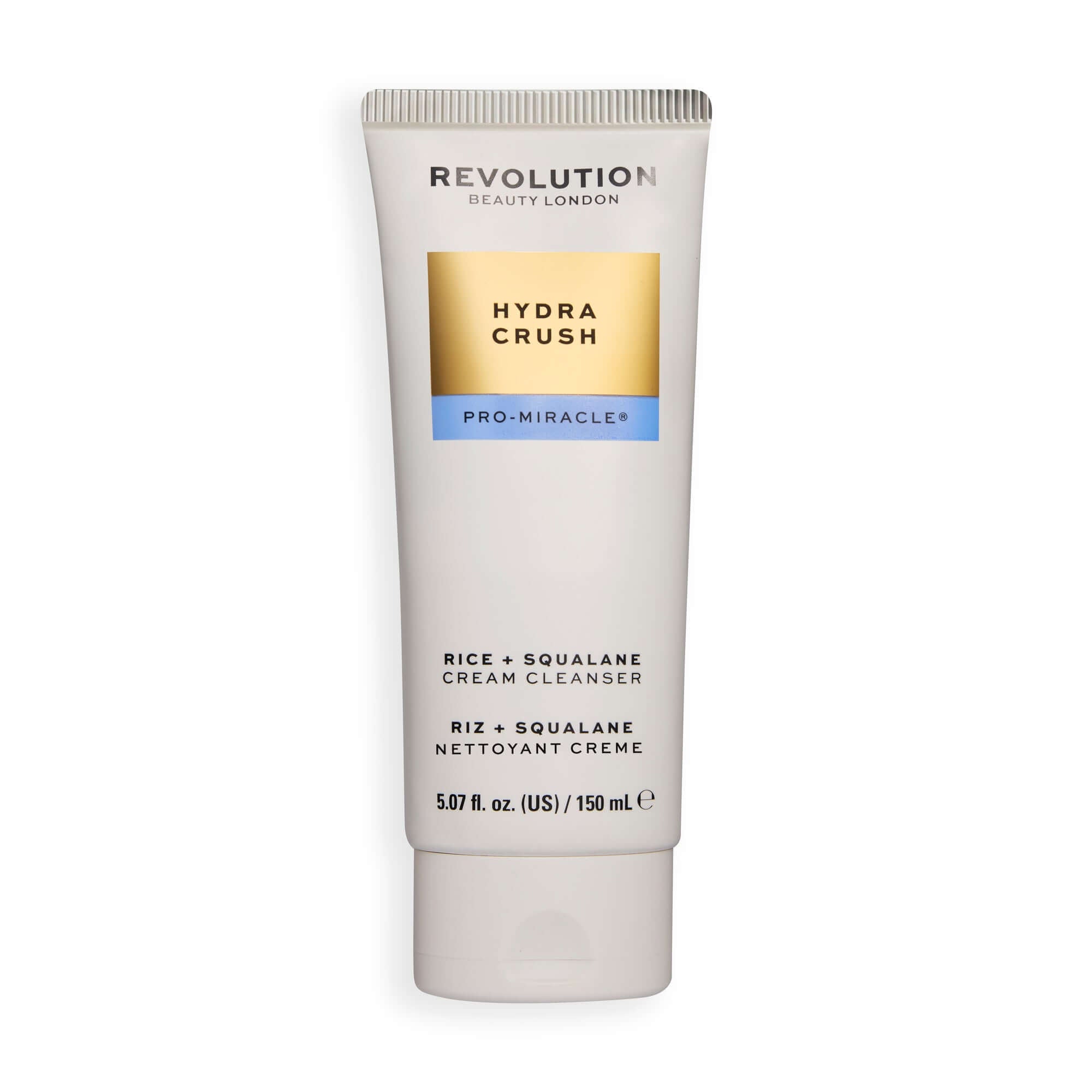 Revolution Pro Miracle Hydra Crush Rice + Squalene Cream Cleanser tube showcasing its luxurious creamy formula.