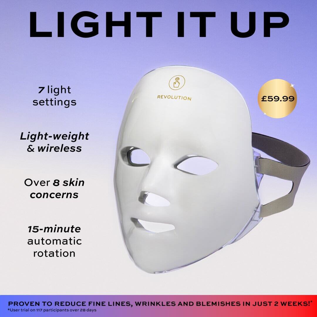 Revolution Pro Miracle LED Face Mask with 7 light settings, lightweight, wireless, and 15-minute automatic rotation.