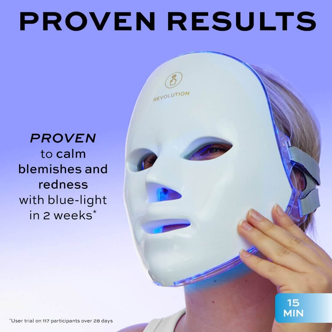 Revolution Pro Miracle LED Face Mask displaying proven results for calming blemishes and redness with blue-light treatment.
