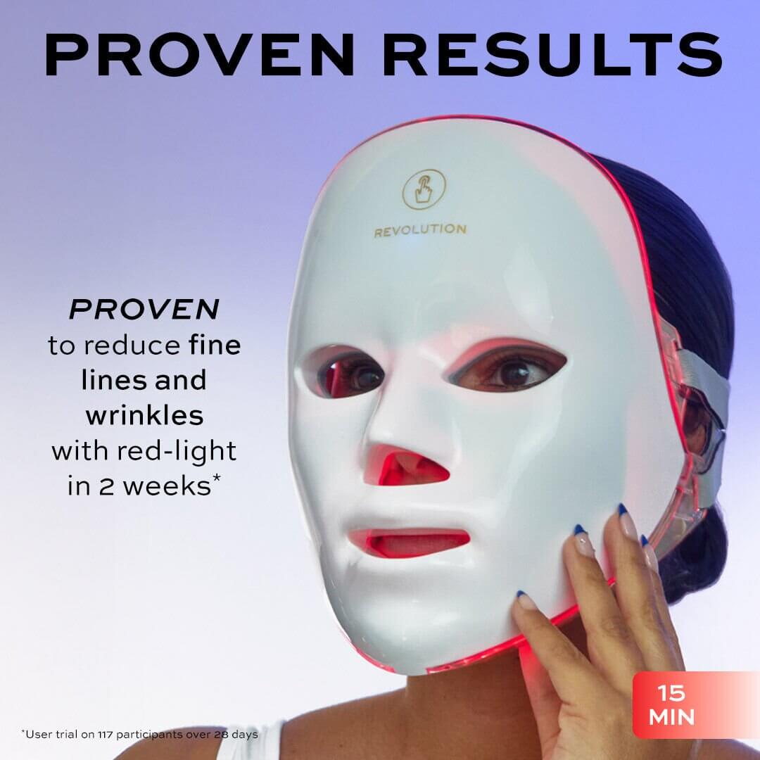 Revolution Pro Miracle LED Face Mask proven to reduce fine lines and wrinkles with red-light in 2 weeks.