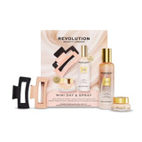 Revolution Pro Miracle Mini Day + Spray Gift Set featuring cream, elixir, and hair clips for skincare and hydration.