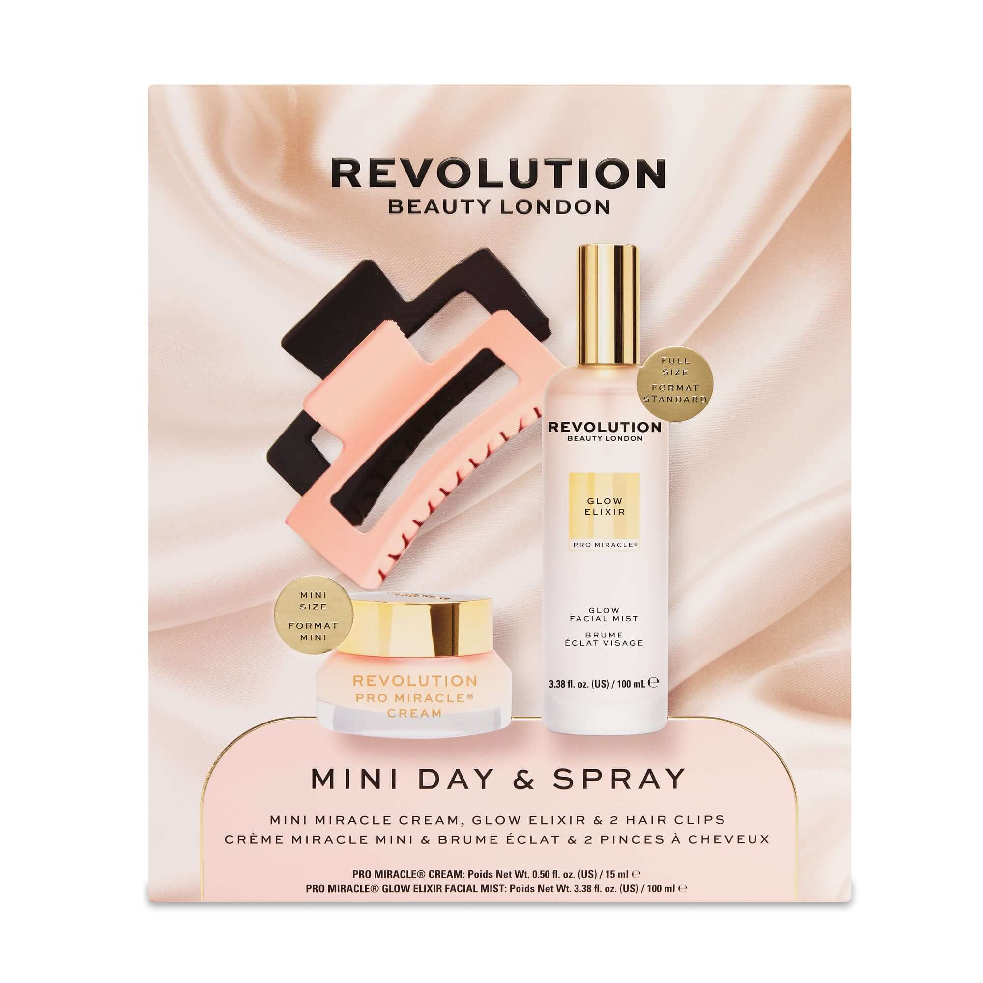 Revolution Pro Miracle Mini Day + Spray Gift Set featuring Miracle Cream and Glow Elixir for hydration and glow.