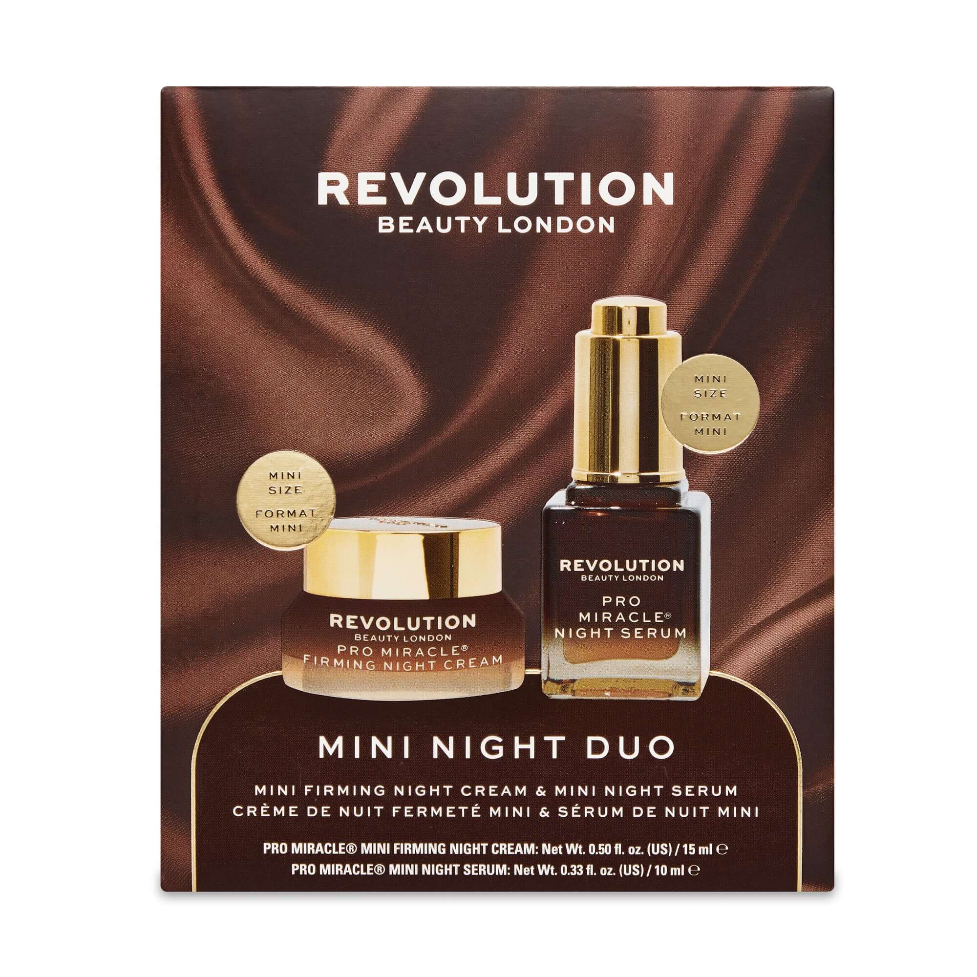 Revolution Pro Miracle Mini Night Cream & Serum Duo packaging featuring night cream and serum for radiant skin.