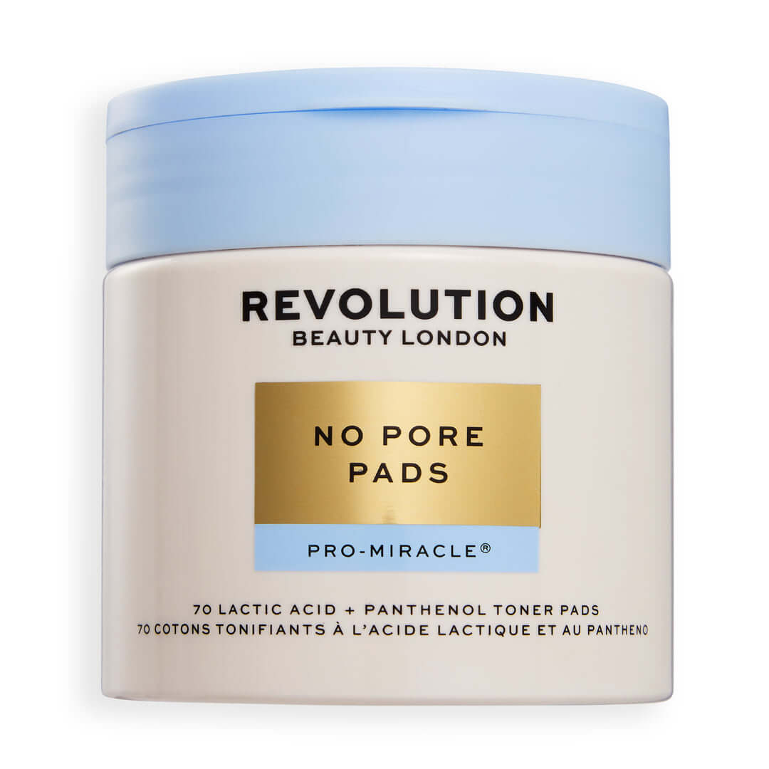 Revolution Pro Miracle No Pore Pads product packaging featuring 70 lactic acid and panthenol toner pads.
