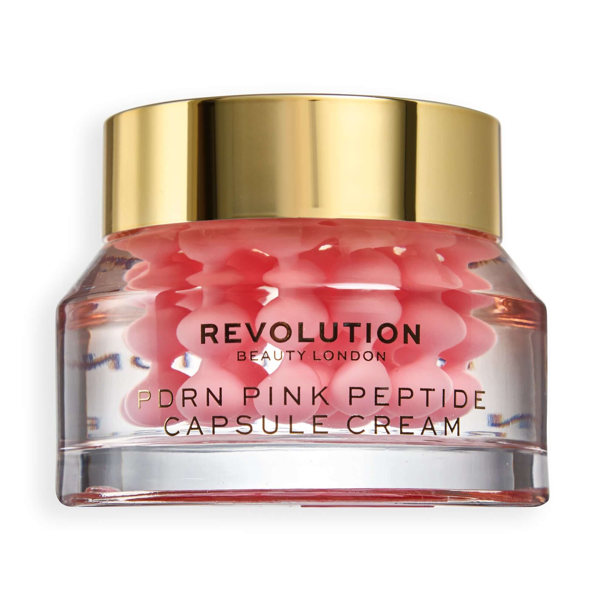 Revolution Pro Miracle PDRN + Peptide Plumping Capsule Cream in glass jar with pink capsules.