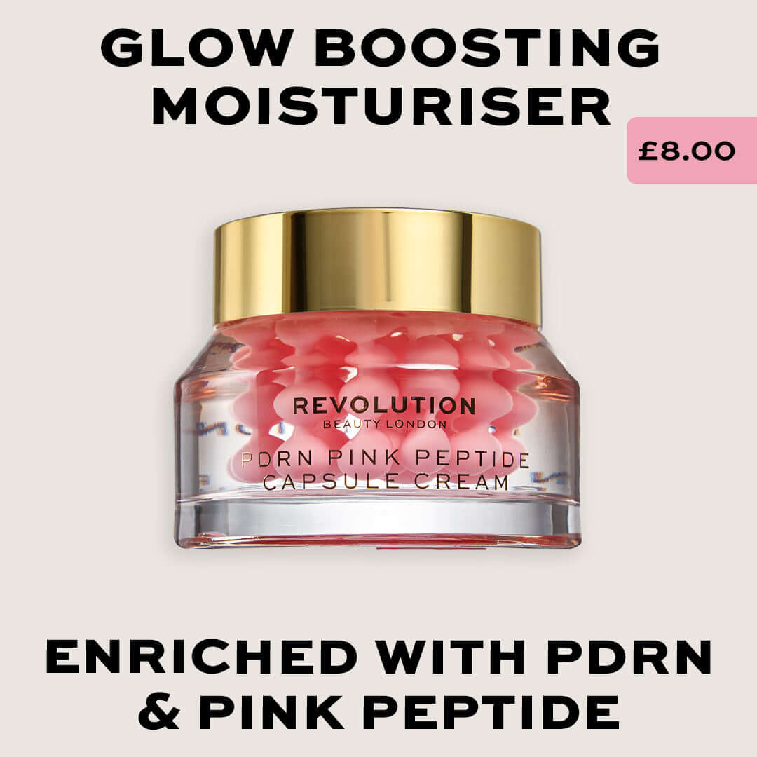 Revolution Pro Miracle PDRN + Peptide Plumping Capsule Cream in a jar with pink capsules for glowing skin.